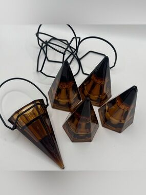 Vintage Amber Glass Cone Votive Candle Holders Lot of 5 Hanging Wire Cup Sconce